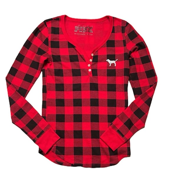 Victoria Secret Pink Cozy I Only Sleep Buffalo Plaid Waffle Sleep Shirt Top New - Picture 12 of 12